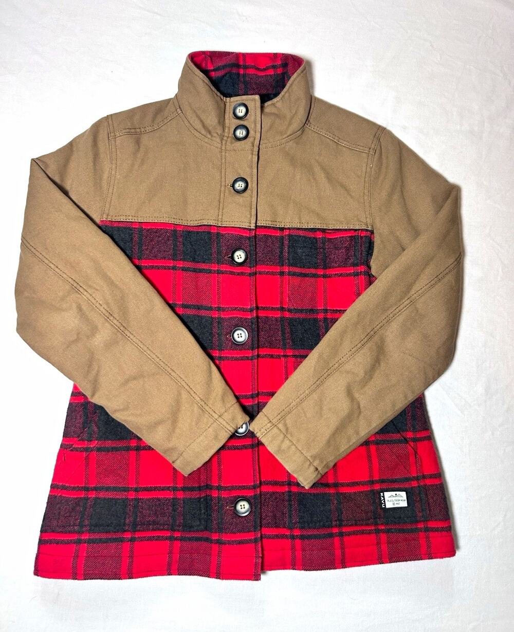 KAVU Women’s Red Tan Black Plaid Lined Button Front Stand-Up Jacket Size S